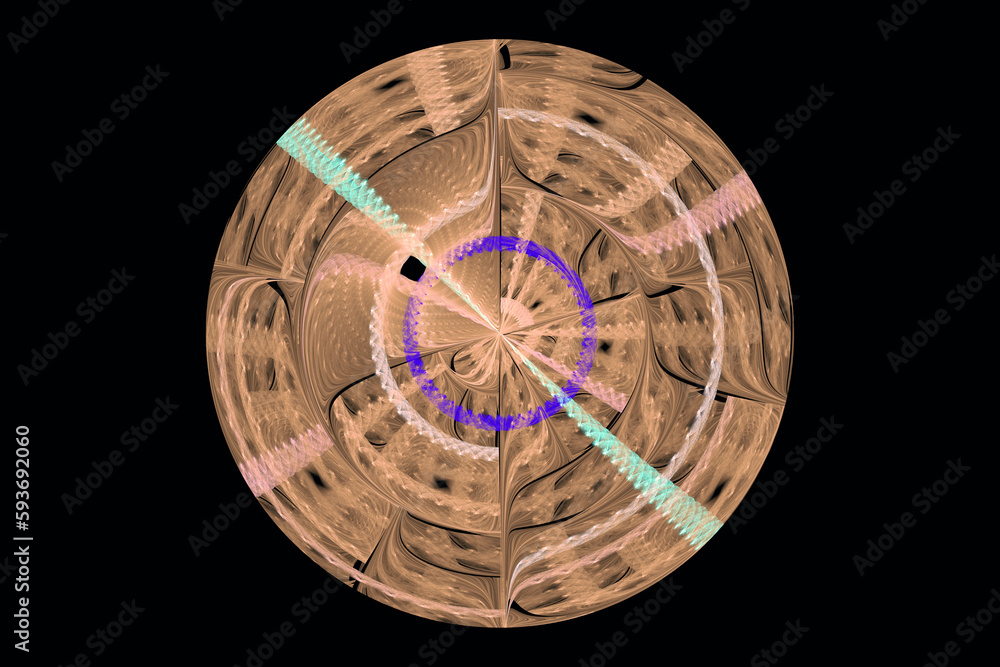 Poster orange round pattern of crooked waves on a black background. abstract fractal 3d rendering