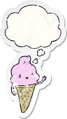 cute cartoon ice cream and thought bubble as a distressed worn sticker