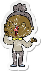 distressed sticker of a cartoon happy old woman