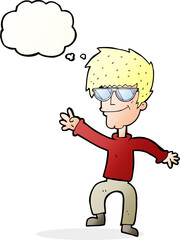 cartoon waving cool guy with thought bubble