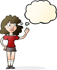 cartoon worried woman waving with thought bubble