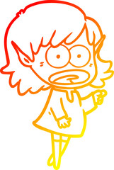 warm gradient line drawing cartoon shocked elf girl pointing