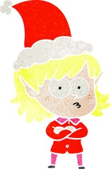 retro cartoon of a elf girl staring wearing santa hat