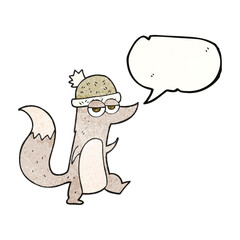 speech bubble textured cartoon little wolf wearing hat