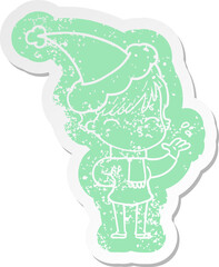 cartoon distressed sticker of a woman thinking wearing santa hat