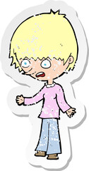 retro distressed sticker of a cartoon stressed out woman