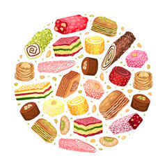 Oriental Sweets Round Composition Design with Sugary Dessert Vector Template
