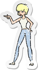 retro distressed sticker of a cartoon woman pointing