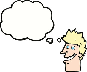 cartoon happy man face with thought bubble
