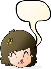 cartoon happy female face with speech bubble