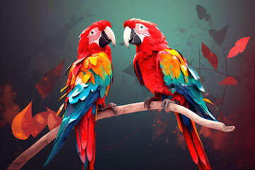 Two red macaws parrots, in love with each other, settled on a lush tree branch. Generative AI