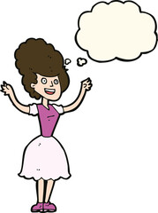 cartoon happy 1950's woman with thought bubble