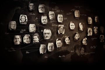 Family tree with portraits of relatives. Genealogical history of generations, preservation of the memory of relatives. Created with Generative AI