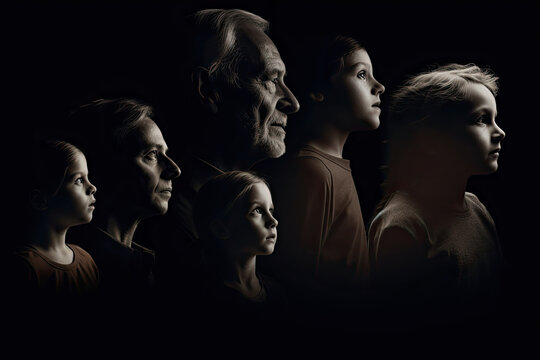 Different generations of family stand together against dark abstract background. Genealogical history of generations, preservation of the memory of relatives. Created with Generative AI