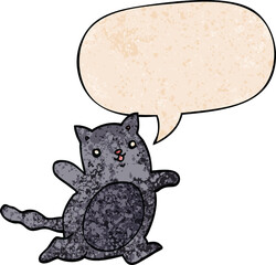 cartoon cat and speech bubble in retro texture style
