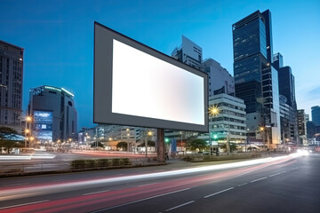 Futuristic city with neon glowing billboard at street. Cyberpunk background. Created with Generative AI