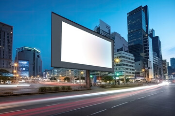 Fototapeta na wymiar Futuristic city with neon glowing billboard at street. Cyberpunk background. Created with Generative AI