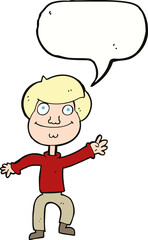cartoon happy man waving with speech bubble