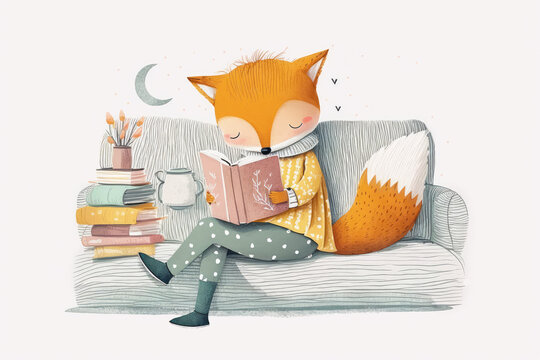 Fox cub reading a book. Cute watercolor illustration for nursery print. Pastel colors fashion fox, cozy mood, illustration for nursery decor. World Book Day.Generative AI.