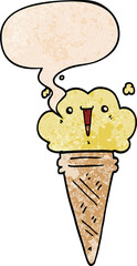 cartoon ice cream and face and speech bubble in retro texture style