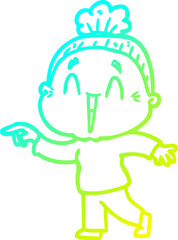 cold gradient line drawing cartoon happy old lady