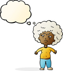 cartoon annoyed old woman with thought bubble