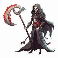 Grim Reaper Woman Wielding Scythe in Cartoon Style, Generative AI