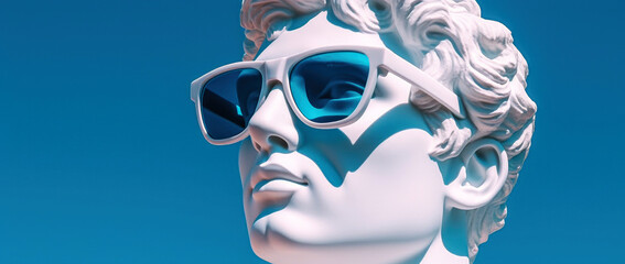 man statue wearing sunglasses against a blue sky , copy space. Generative AI - obrazy, fototapety, plakaty