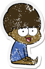distressed sticker of a happy cartoon boy