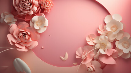A soft and dreamy 3D backdrop perfect for Mother's Day, featuring round shapes and delicate flowers in soft lighting