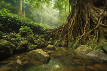 amazon rainforest, tropical vegetation, jungle landscape with creek, rocks overgrown with moss, riverbank plants and lianas, fictional landscape created with generative ai