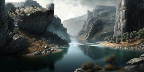 river landscape between mountains, generative ai illustration
