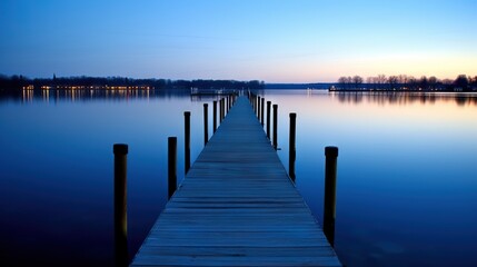  a long dock sitting in the middle of a body of water. generative ai