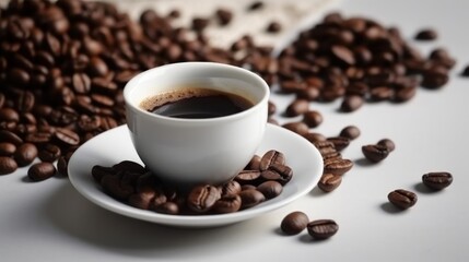 Obraz premium cup of black coffee with coffee beans, generative ai