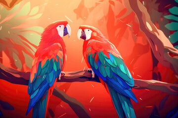 Obraz premium Two red macaws parrots, in love with each other, settled on a lush tree branch. Generative AI
