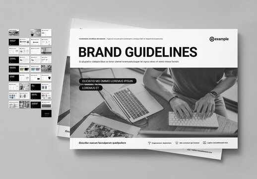 Brandbook Guideliness Horizontal Layout in Black and White Colors with modern Design