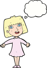 cartoon happy woman in dress with thought bubble