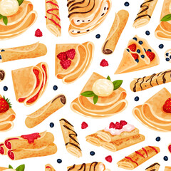 Baked Crepe or Pancake Food Seamless Pattern Design Vector Template