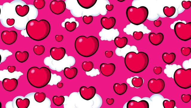 Beating hearts cartoon pink red wallpaper flying on clouds background. Cute animation good as backdrop for intro, party, television programme, presentation, etc... Seamless loop.
