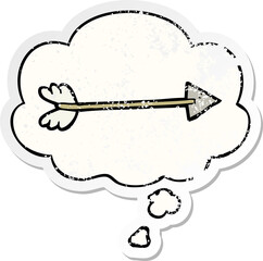 cartoon arrow and thought bubble as a distressed worn sticker