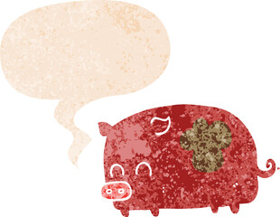 cute cartoon pig and speech bubble in retro textured style
