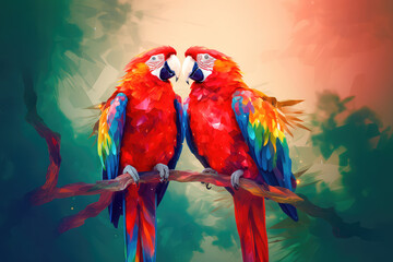 Fototapeta premium Two red macaws parrots, in love with each other, settled on a lush tree branch. Generative AI