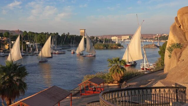 Beautiful landscape with felucca boats on Nile river in Aswan at sunset, Egypt