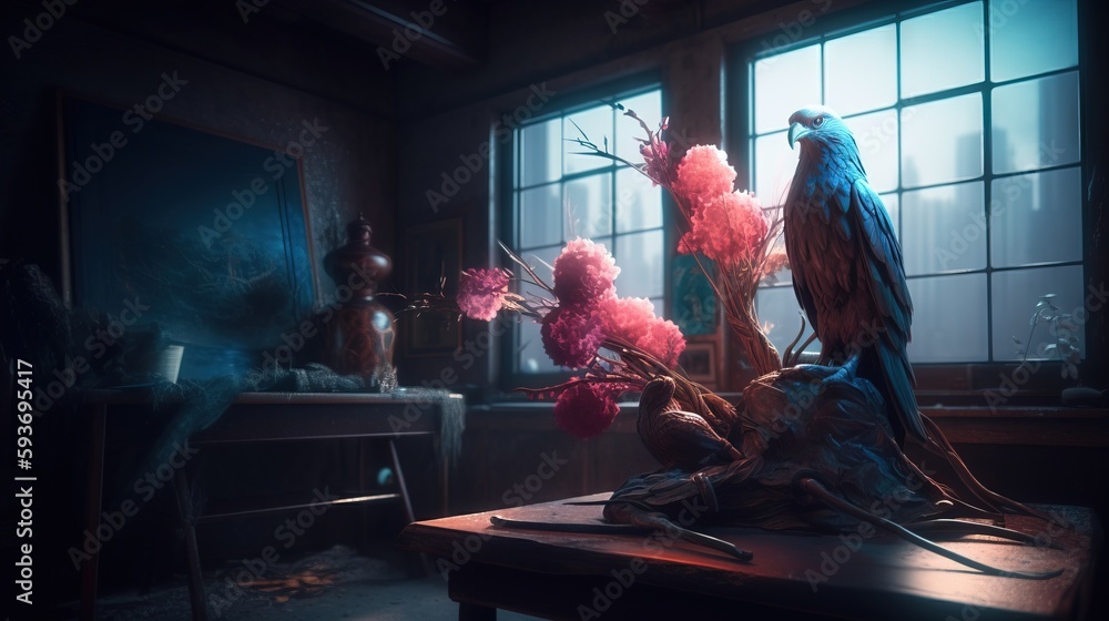 Aufkleber a bird sitting on top of a table next to a window. generative ai