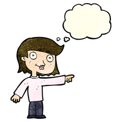 cartoon pointing person with thought bubble