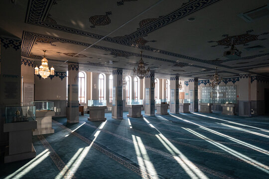 Mosque in Moscow seen during sunny sunset of a rainy day