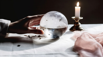 A Woman's Hand Holds a Crystal Ball on a Linen Covered Table with a Candle in Preparation for a Spiritual Psychic Reading - Generative AI