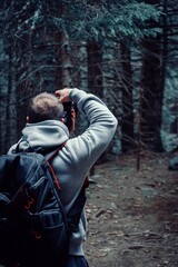 Rear of a male with backpack photographing forest