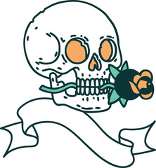 tattoo with banner of a skull and rose