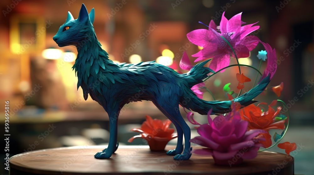 Poster a statue of a cat standing on a table with flowers. generative ai